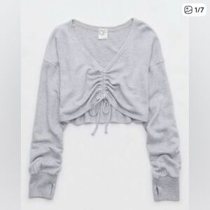 Aerie Offline Keep it 100 Cinch Front Light Gray Sweatshirt